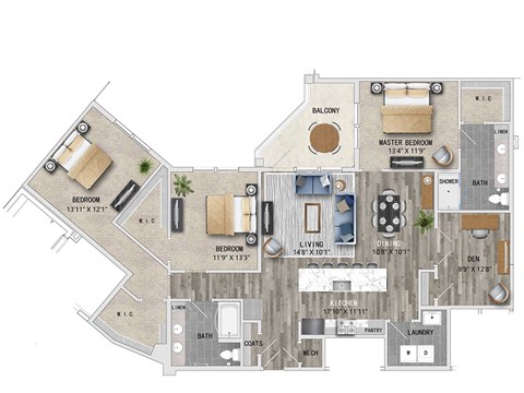 1798 Square ft 3 bed 2 bath 3D floor plan at St Mary's Square North Apartments, North Carolina, 27605